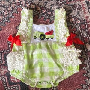 Sweet summertime baby bubble romper with tractor and watermelon farm scene.
